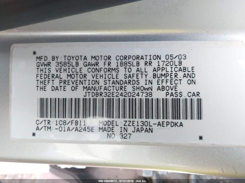 JTDBR32E242024738 2004 TOYOTA COROLLA photo no. 9