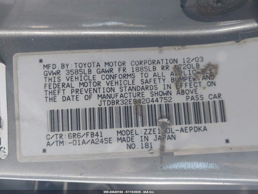 JTDBR32E842044752 2004 TOYOTA COROLLA photo no. 9