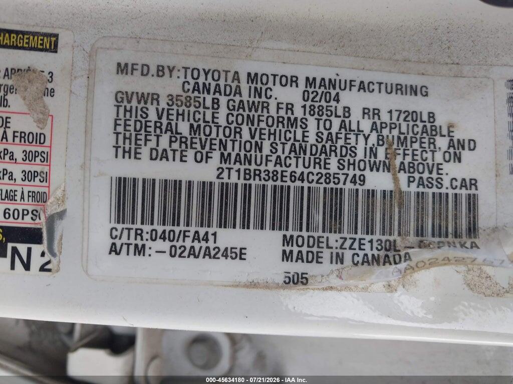 2T1BR38E64C285749 2004 TOYOTA COROLLA photo no. 9