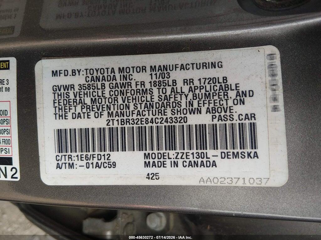 2T1BR32E84C243320 2004 TOYOTA COROLLA photo no. 9