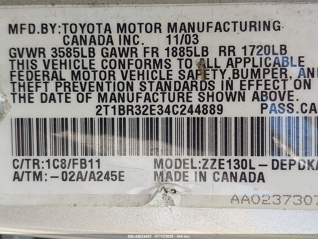 2T1BR32E34C244889 2004 TOYOTA COROLLA photo no. 9