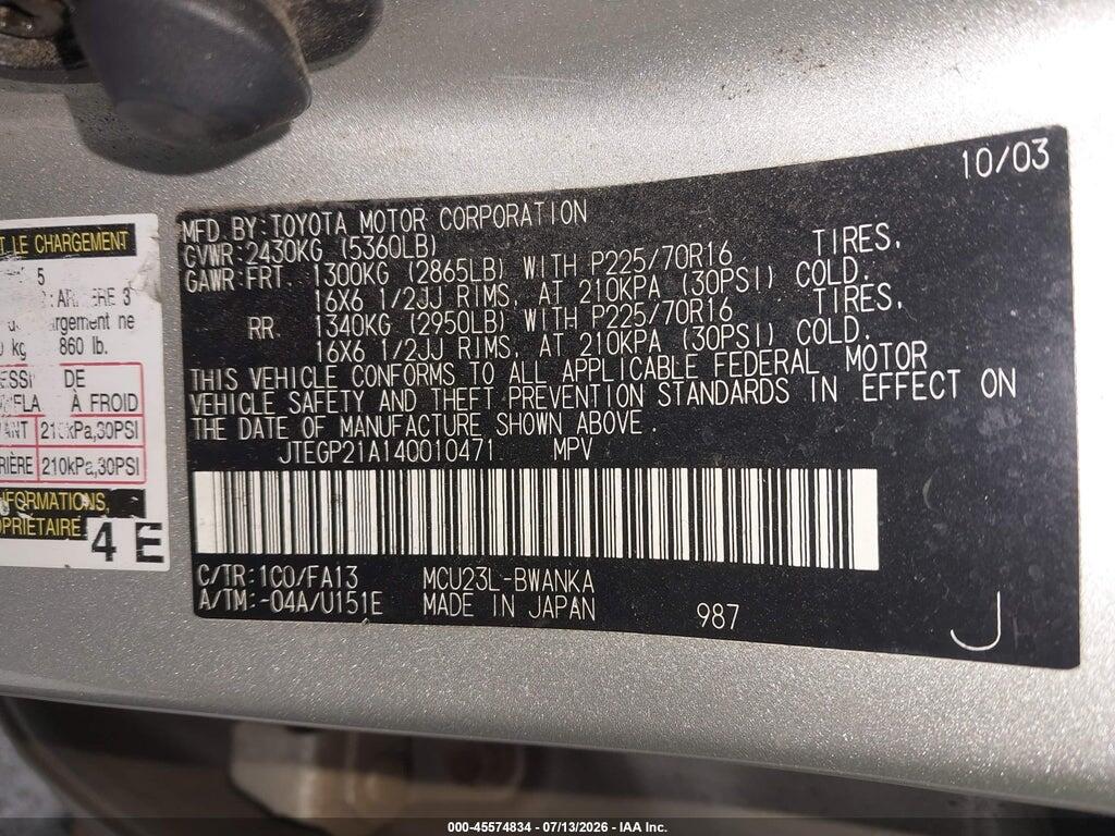 JTEGP21A140010471 2004 TOYOTA HIGHLANDER photo no. 9
