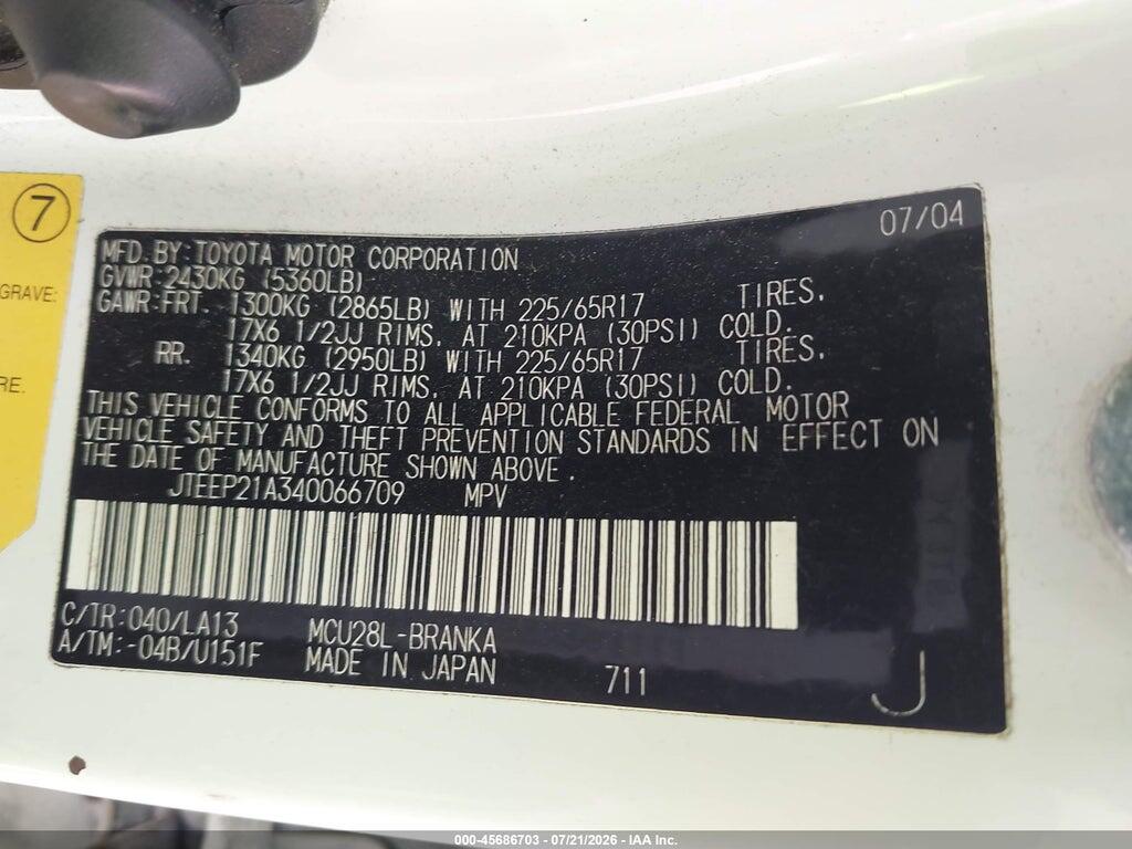JTEEP21A340066709 2004 TOYOTA HIGHLANDER photo no. 9