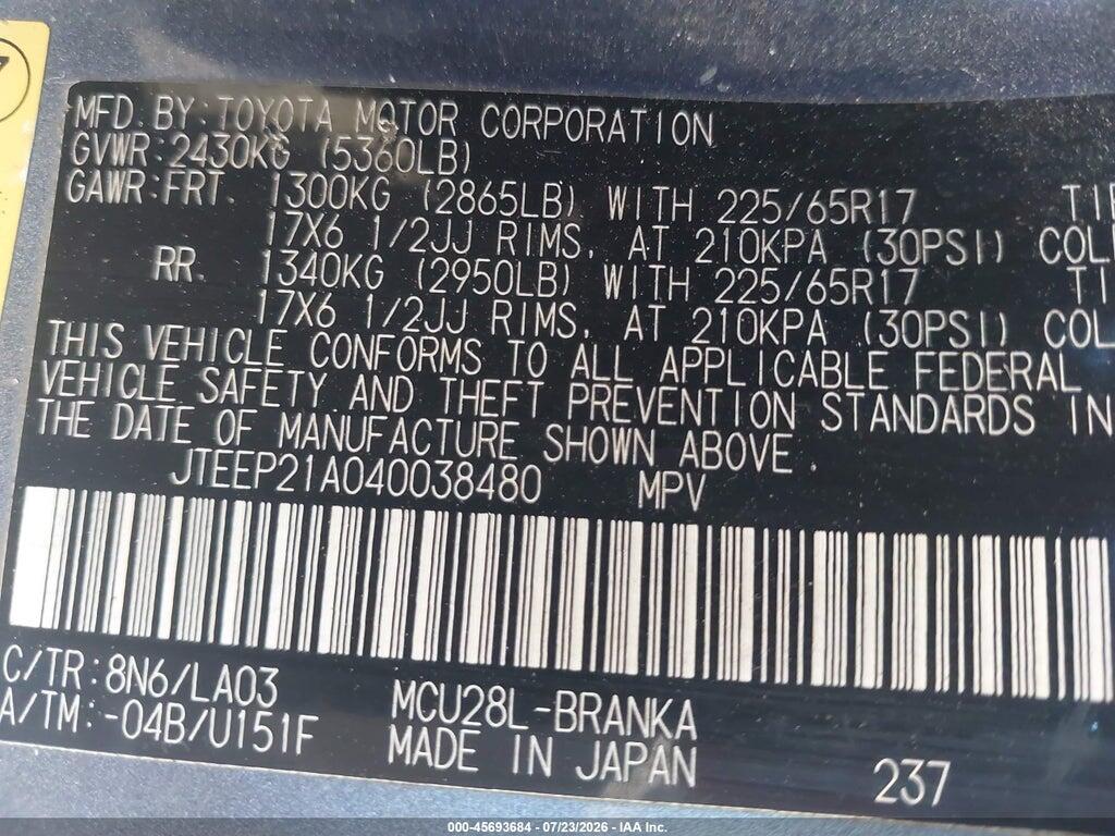 JTEEP21A040038480 2004 TOYOTA HIGHLANDER photo no. 9