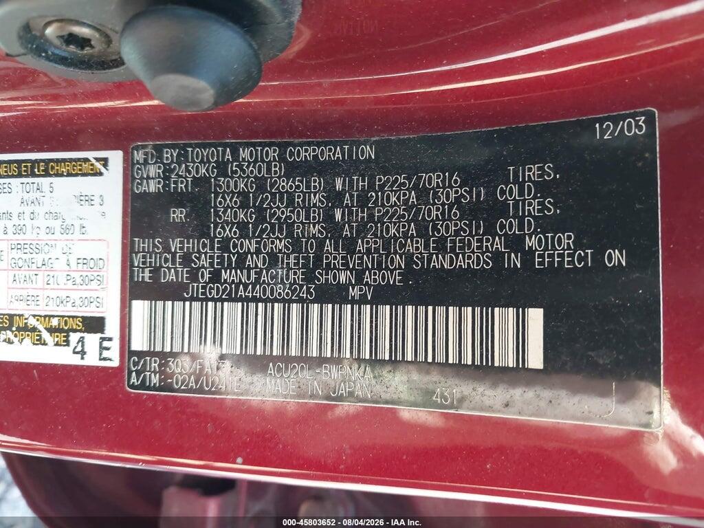 JTEGD21A440086243 2004 TOYOTA HIGHLANDER photo no. 9