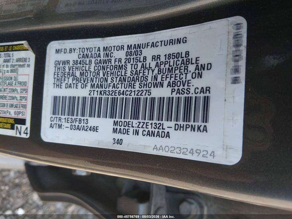 2T1KR32E64C212275 2004 TOYOTA MATRIX photo no. 9