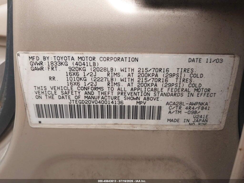 JTEGD20V040014136 2004 TOYOTA RAV4 photo no. 9