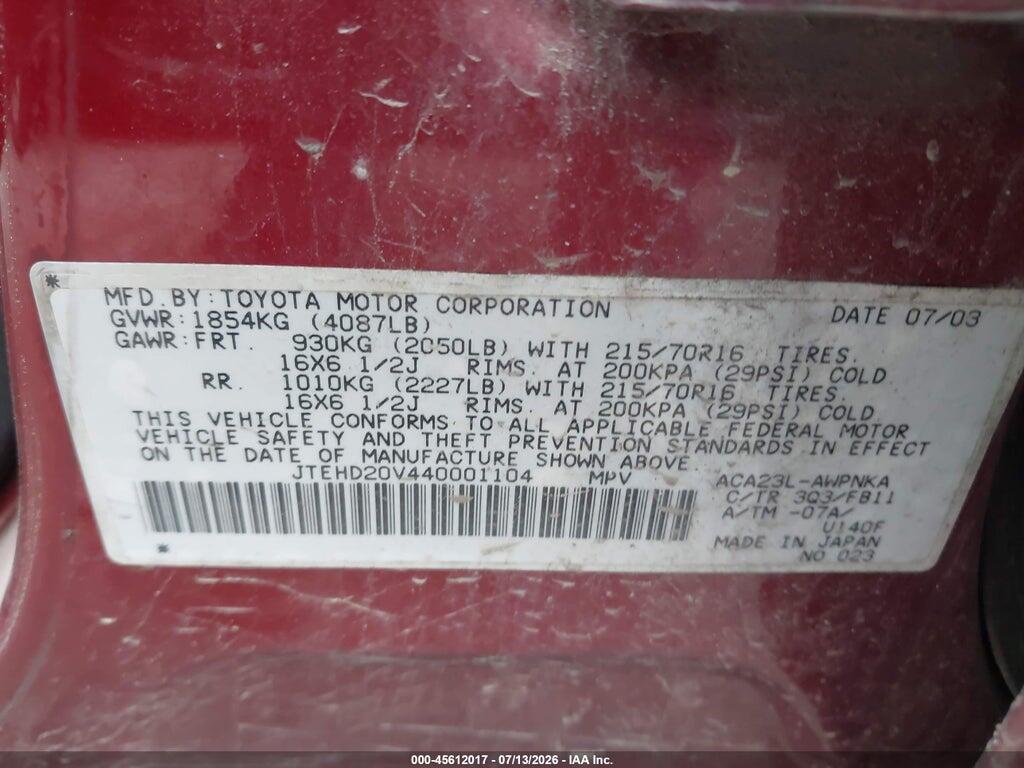 JTEHD20V440001104 2004 TOYOTA RAV4 photo no. 9