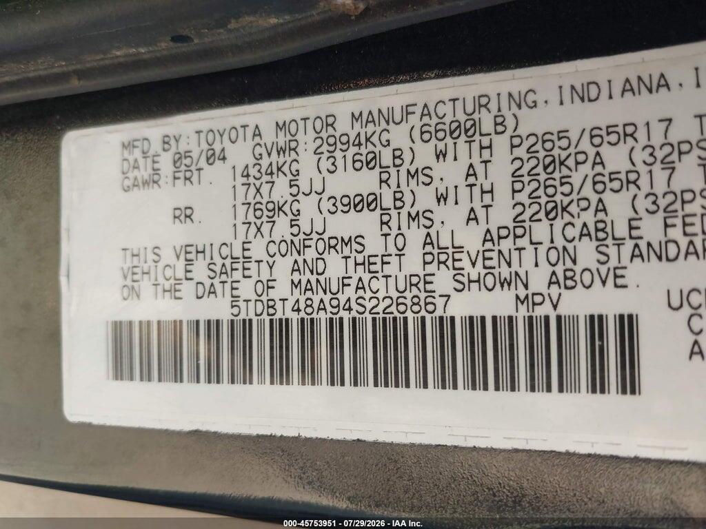 5TDBT48A94S226867 2004 TOYOTA SEQUOIA photo no. 9