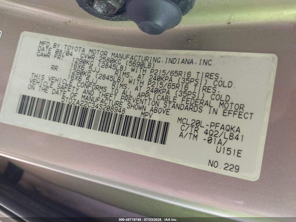 5TDZA22C34S208948 2004 TOYOTA SIENNA photo no. 9