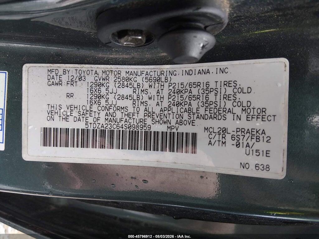 5TDZA23C64S098959 2004 TOYOTA SIENNA photo no. 9