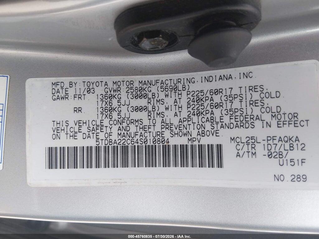 5TDBA22C64S010804 2004 TOYOTA SIENNA photo no. 9