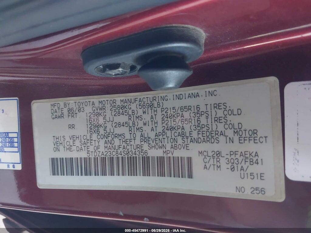 5TDZA23C84S034356 2004 TOYOTA SIENNA photo no. 9