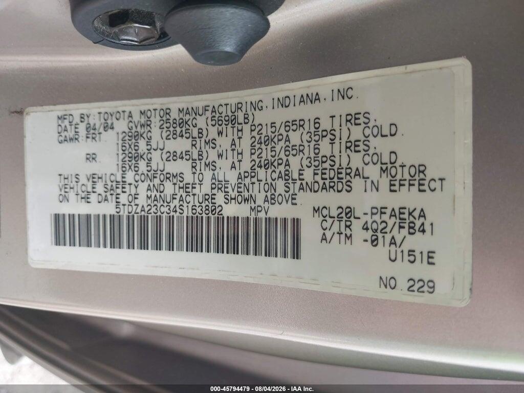 5TDZA23C34S163802 2004 TOYOTA SIENNA photo no. 9