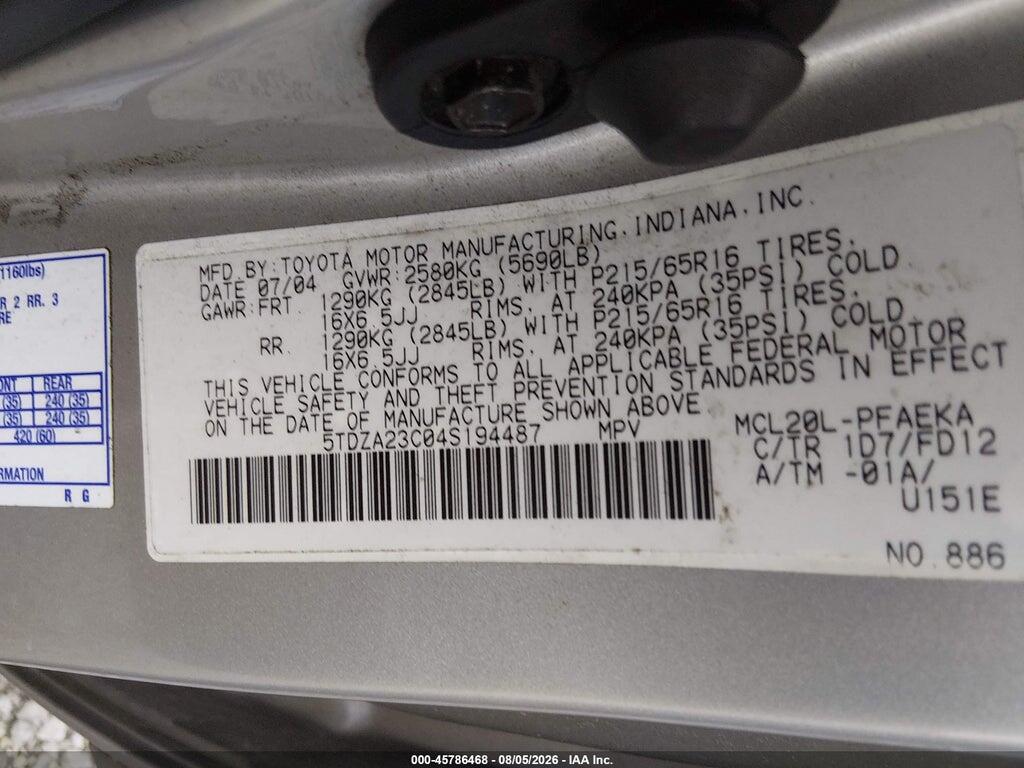 5TDZA23C04S194487 2004 TOYOTA SIENNA photo no. 9
