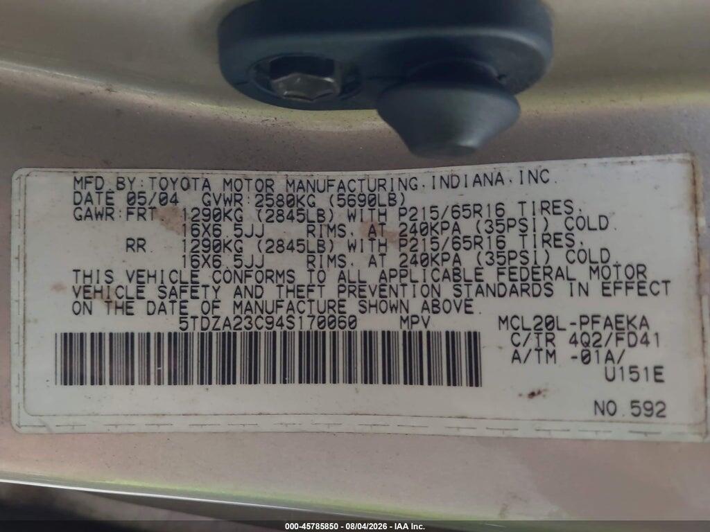 5TDZA23C94S170060 2004 TOYOTA SIENNA photo no. 9