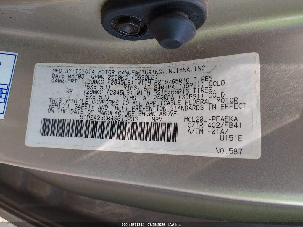 5TDZA23C04S019236 2004 TOYOTA SIENNA photo no. 9
