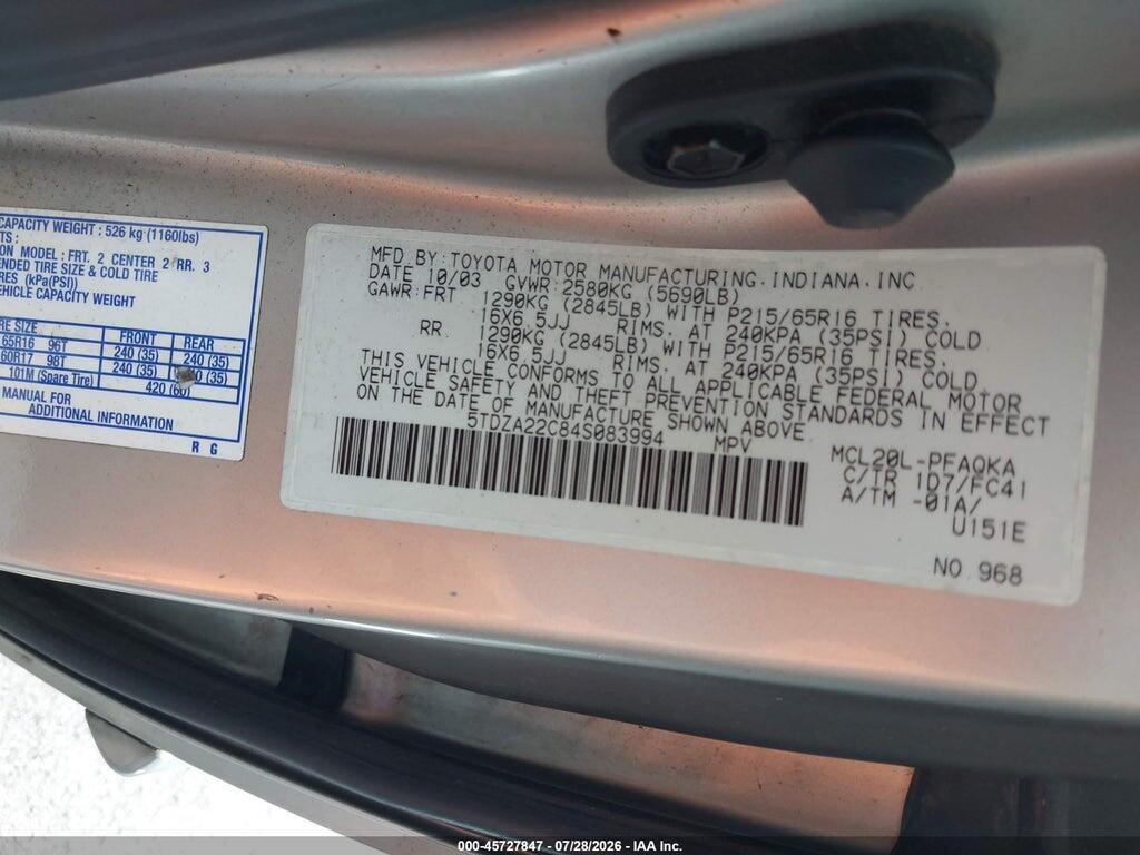5TDZA22C84S083994 2004 TOYOTA SIENNA photo no. 9