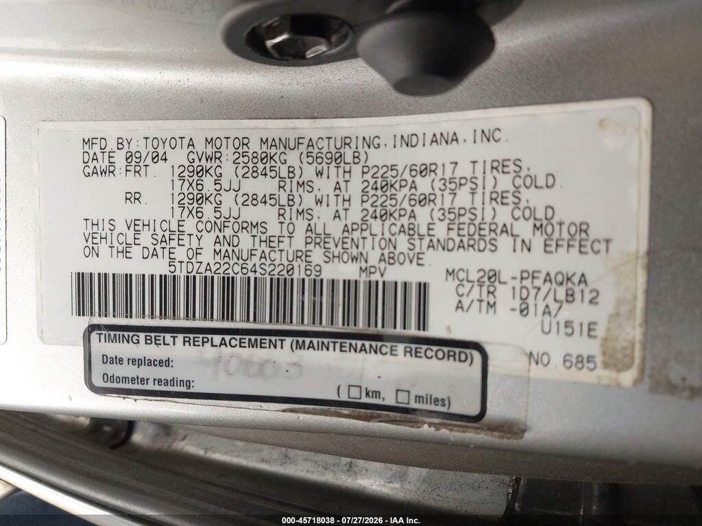 5TDZA22C64S220169 2004 TOYOTA SIENNA photo no. 9