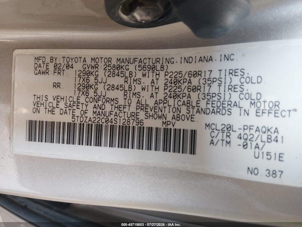 5TDZA22C04S128796 2004 TOYOTA SIENNA photo no. 9