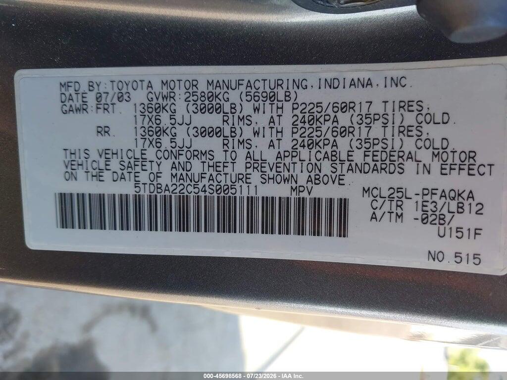 5TDBA22C54S005111 2004 TOYOTA SIENNA photo no. 9