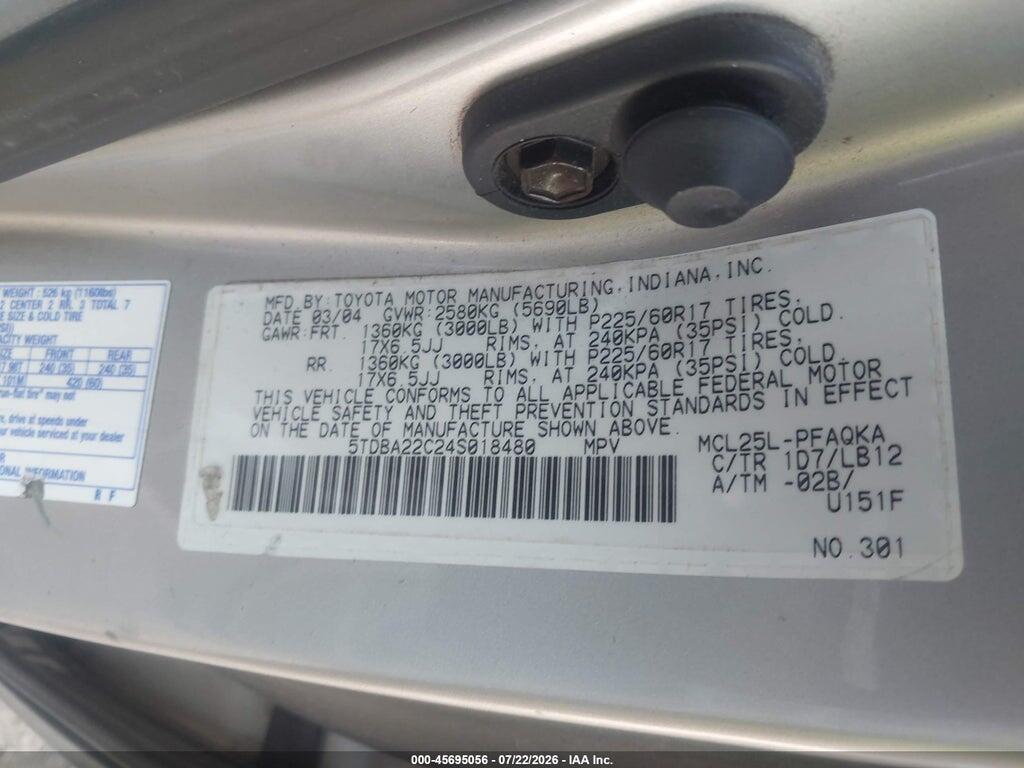 5TDBA22C24S018480 2004 TOYOTA SIENNA photo no. 9