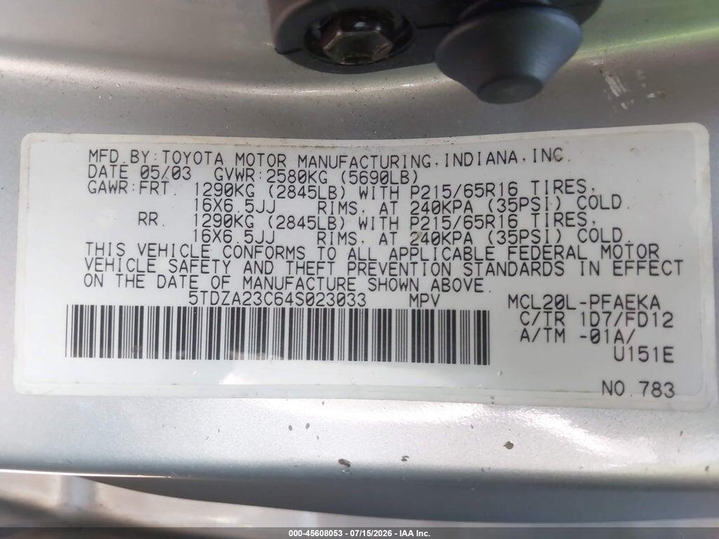 5TDZA23C64S023033 2004 TOYOTA SIENNA photo no. 9