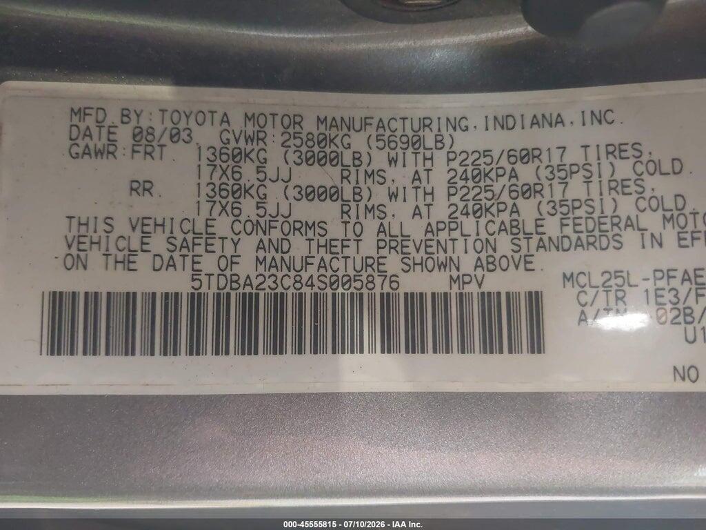 5TDBA23C84S005876 2004 TOYOTA SIENNA photo no. 9