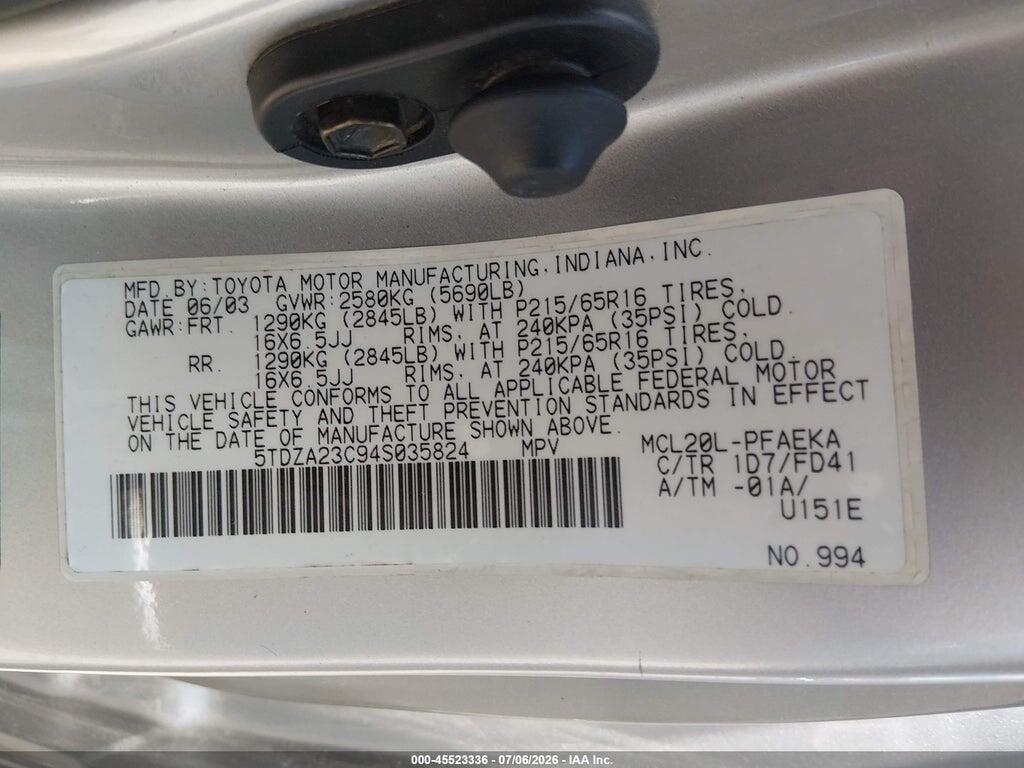 5TDZA23C94S035824 2004 TOYOTA SIENNA photo no. 9