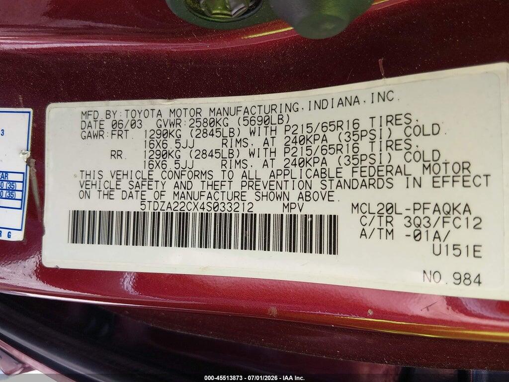 5TDZA22CX4S033212 2004 TOYOTA SIENNA photo no. 9