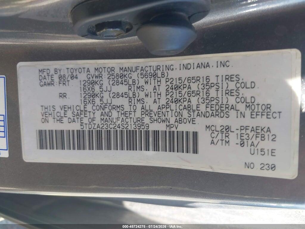 5TDZA23C24S213959 2004 TOYOTA SIENNA photo no. 9