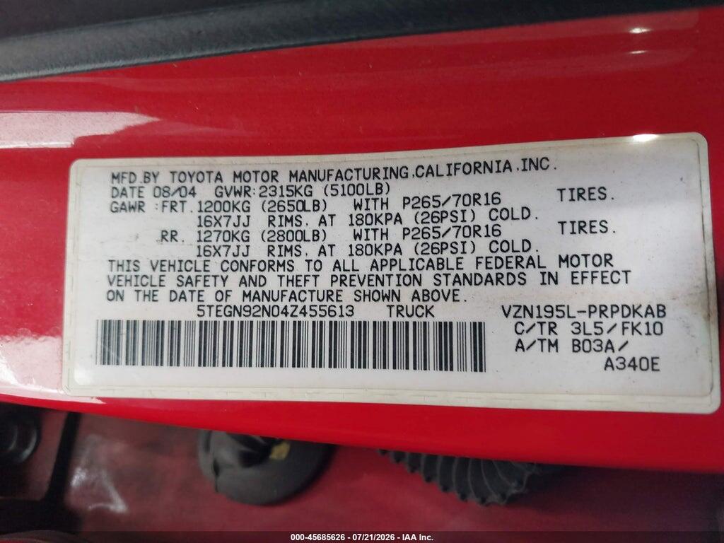 5TEGN92N04Z455613 2004 TOYOTA TACOMA photo no. 9