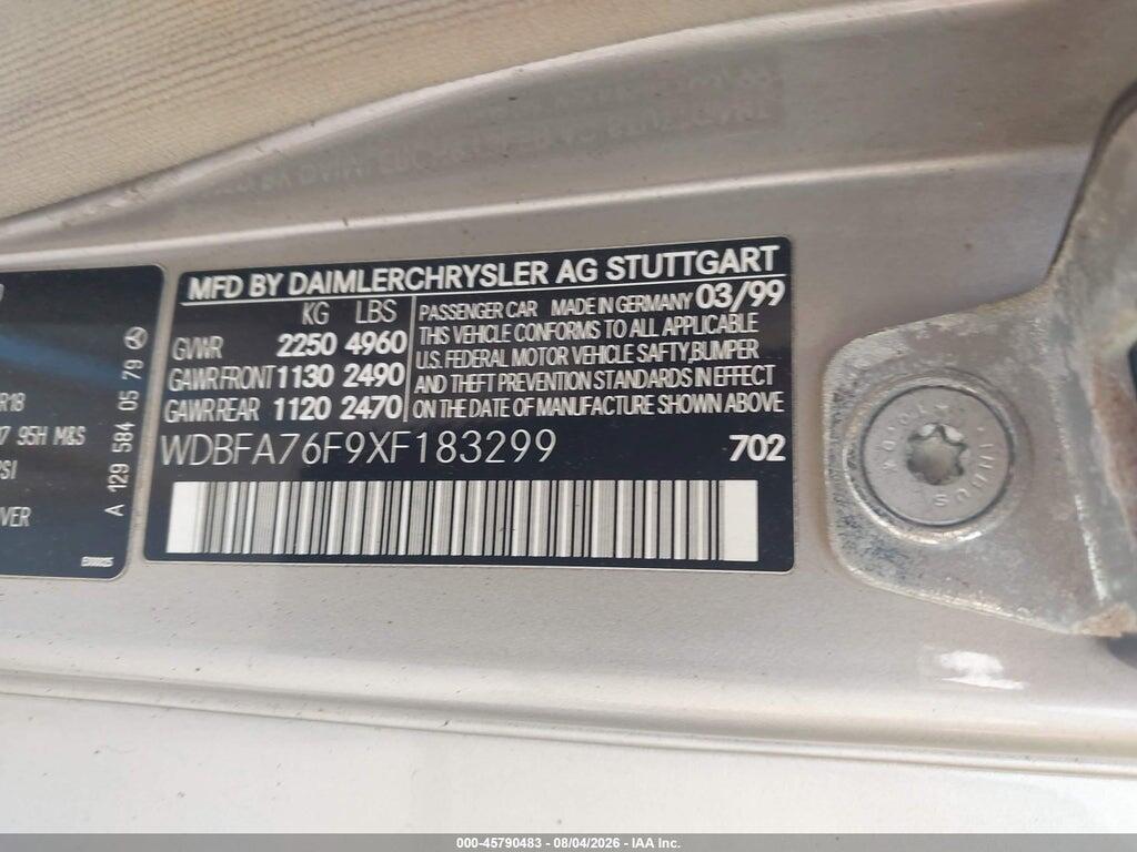 WDBFA76F9XF183299 1999 MERCEDES-BENZ SL 600 photo no. 9