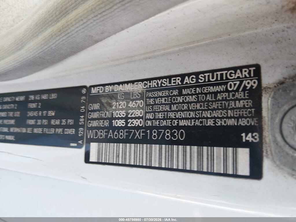 WDBFA68F7XF187830 1999 MERCEDES-BENZ SL 500 photo no. 9