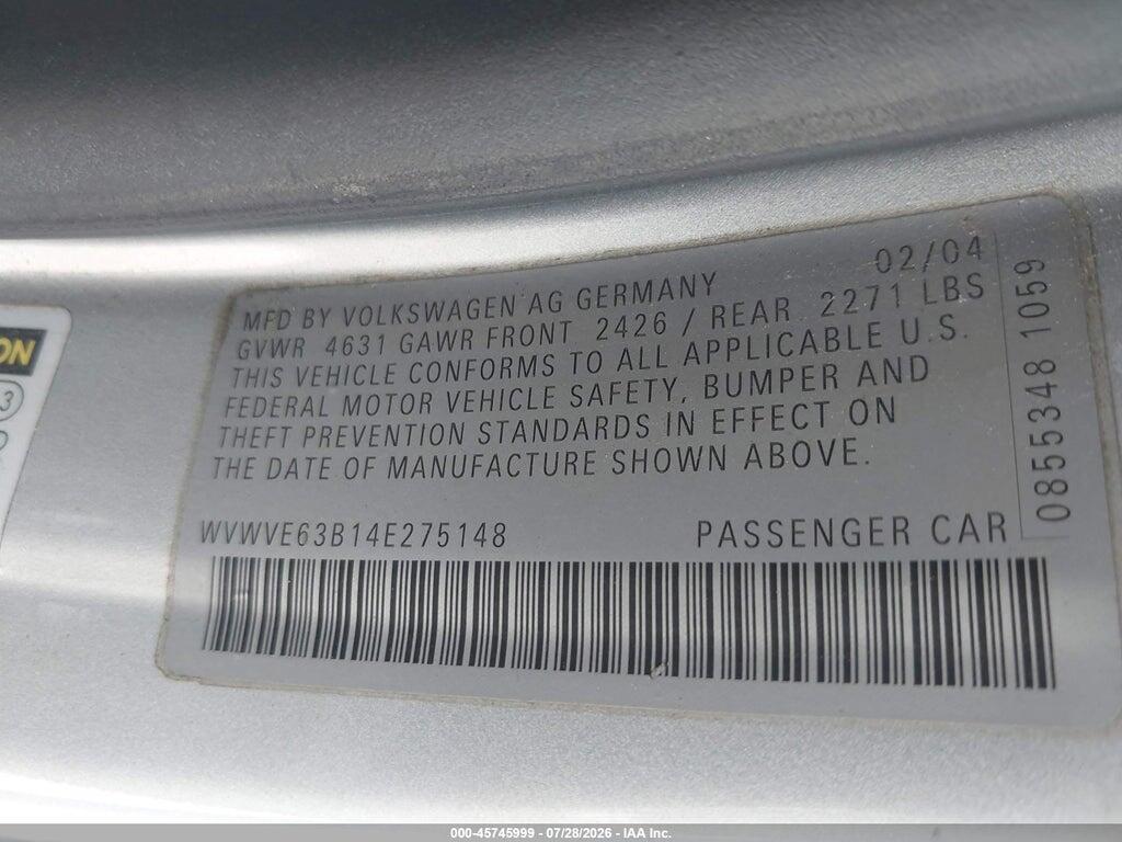 WVWVE63B14E275148 2004 VOLKSWAGEN PASSAT photo no. 9