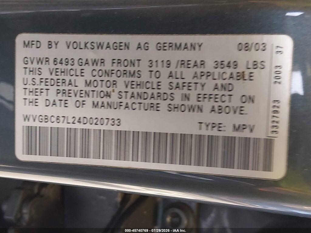 WVGBC67L24D020733 2004 VOLKSWAGEN TOUAREG photo no. 9