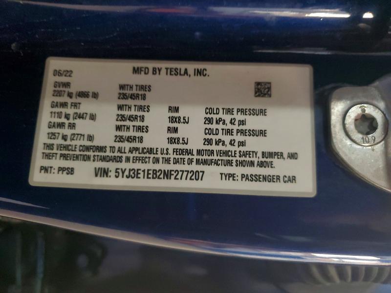 5YJ3E1EB2NF277207 2022 TESLA MODEL 3 photo no. 12