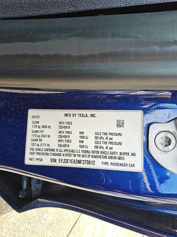 5YJ3E1EA3NF370812 2022 TESLA MODEL 3 photo no. 12