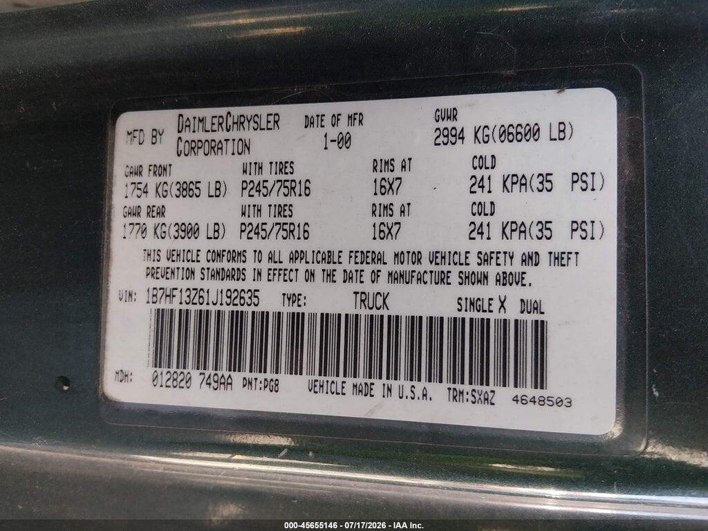 1B7HF13Z61J192635 2001 DODGE RAM 1500 photo no. 9