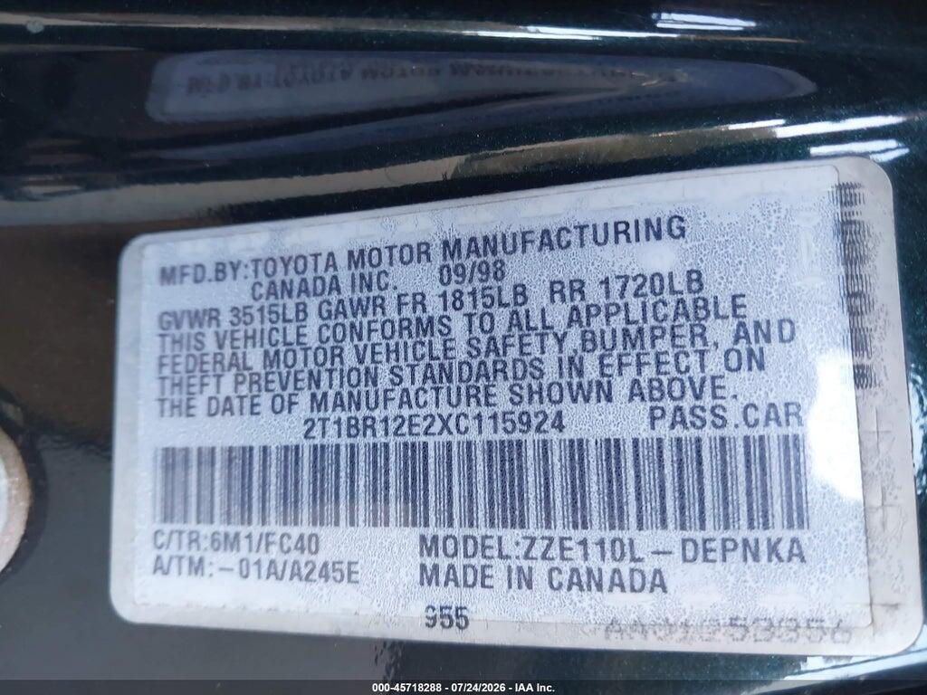2T1BR12E2XC115924 1999 TOYOTA COROLLA photo no. 9