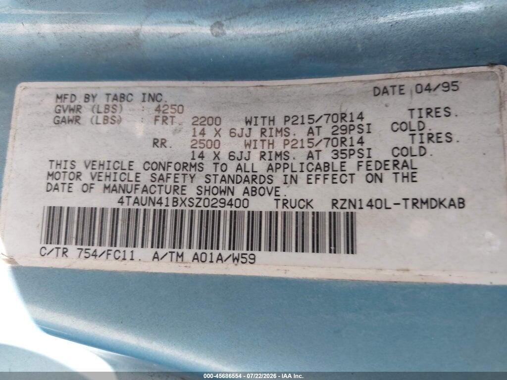 4TAUN41BXSZ029400 1995 TOYOTA TACOMA photo no. 9
