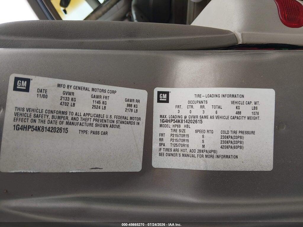 1G4HP54K814202615 2001 BUICK LESABRE photo no. 9