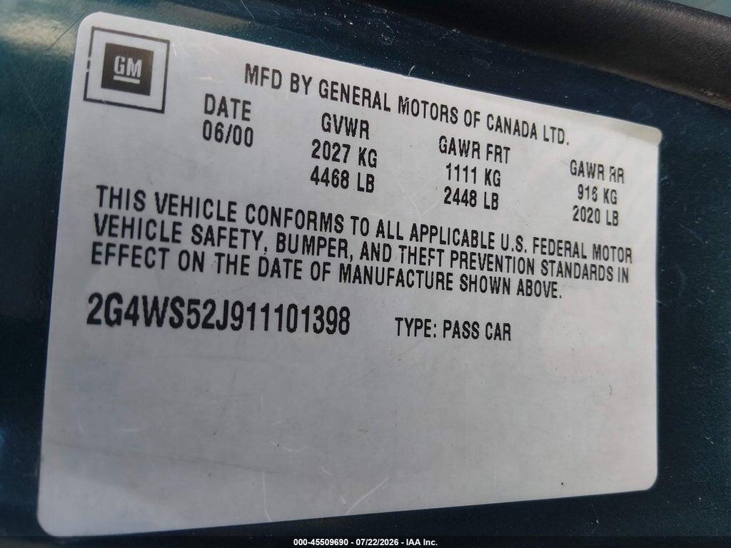 2G4WS52J911101398 2001 BUICK CENTURY photo no. 9