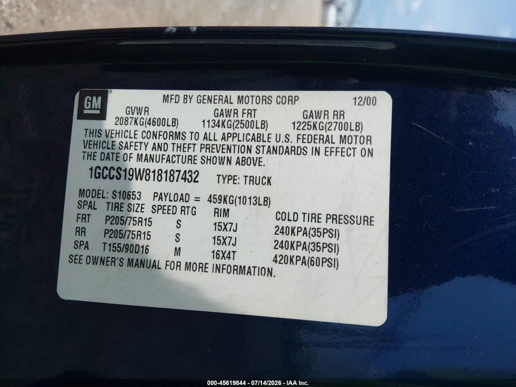 1GCCS19W818187432 2001 CHEVROLET S-10 photo no. 9