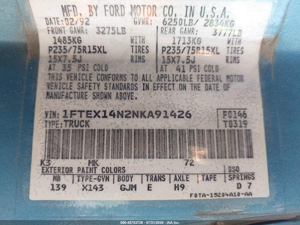 1FTEX14N2NKA91426 1992 FORD F150 photo no. 9