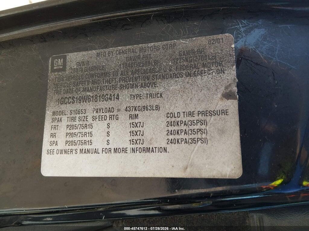 1GCCS19W618198414 2001 CHEVROLET S-10 photo no. 9