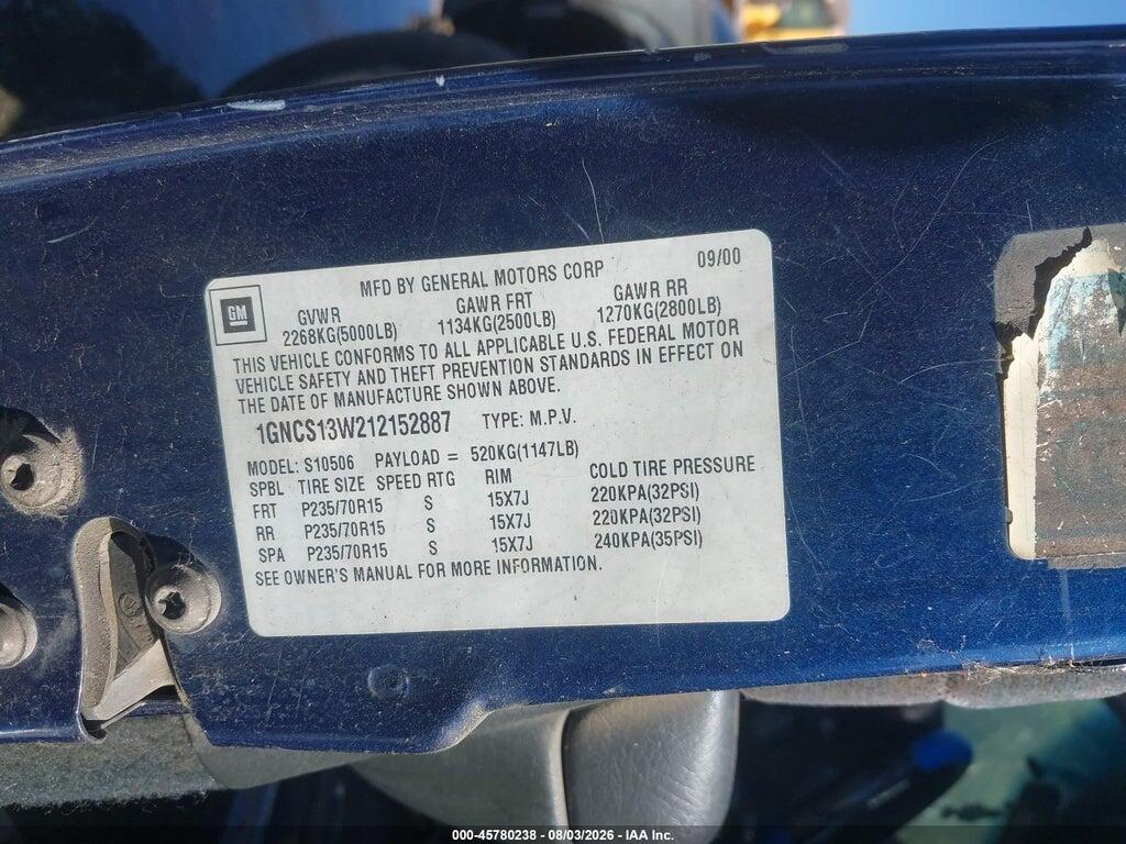 1GNCS13W212152887 2001 CHEVROLET BLAZER photo no. 9