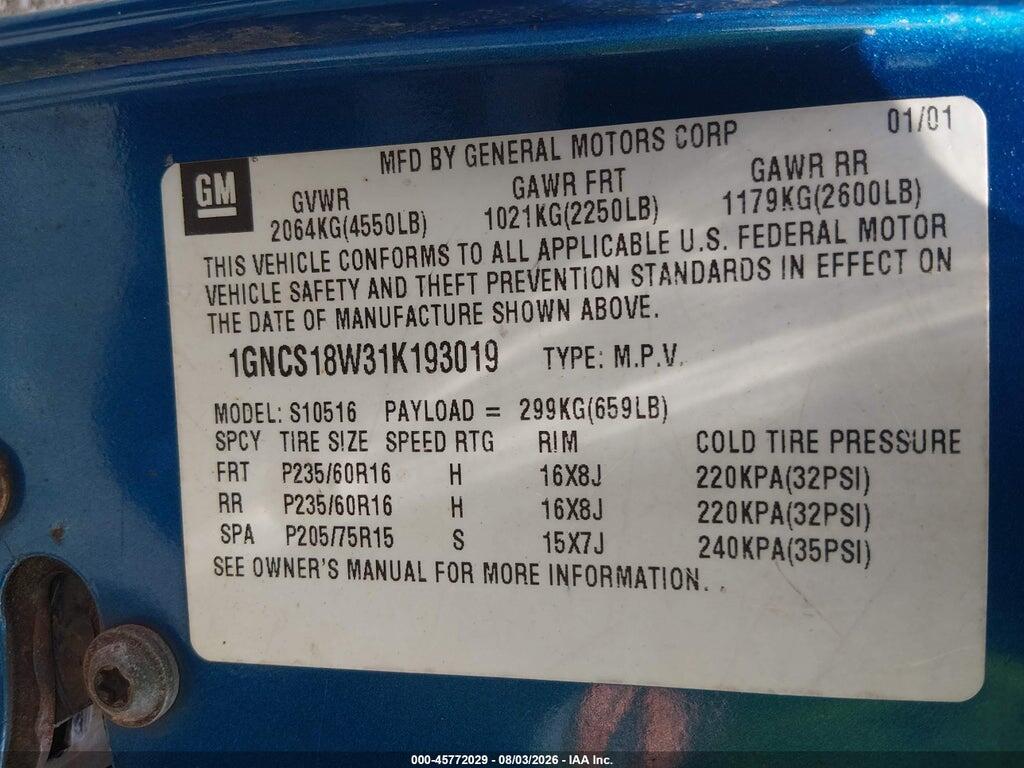1GNCS18W31K193019 2001 CHEVROLET BLAZER photo no. 9