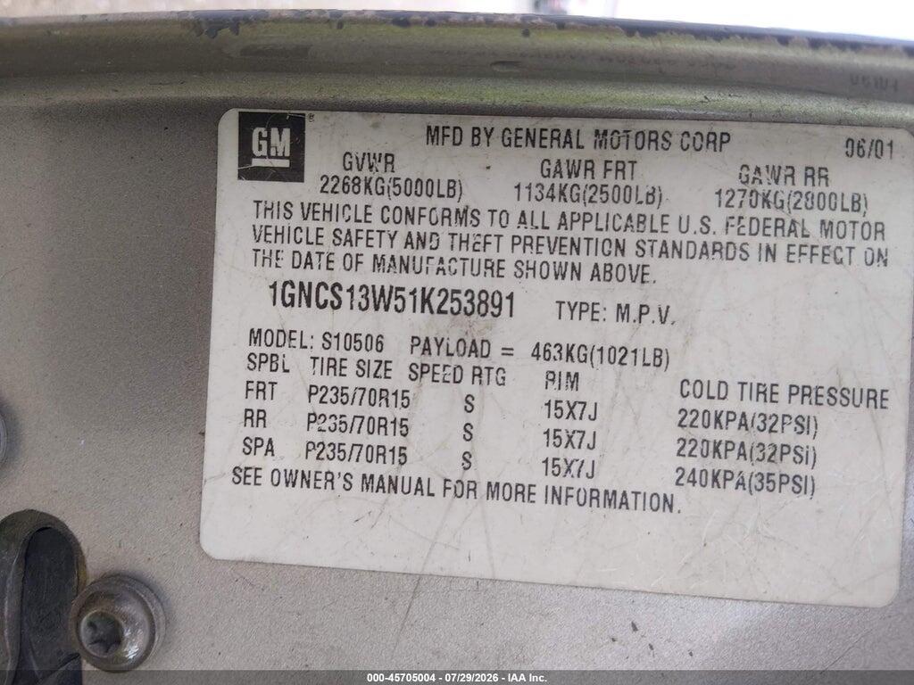 1GNCS13W51K253891 2001 CHEVROLET BLAZER photo no. 9