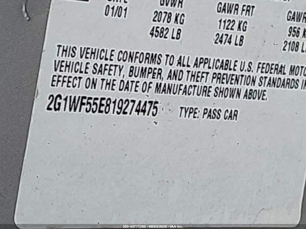 2G1WF55E819274475 2001 CHEVROLET IMPALA photo no. 9